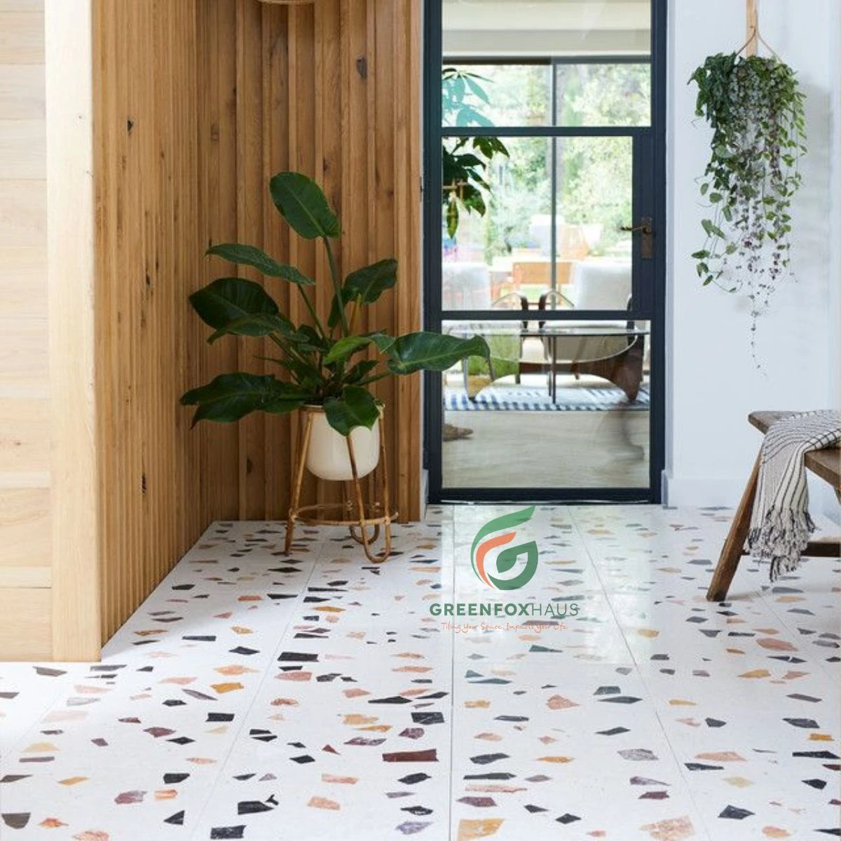 Gạch men terrazzo hạt đá nhiều màu lát nền lối vào phòng khách phong cách boho hiện đại