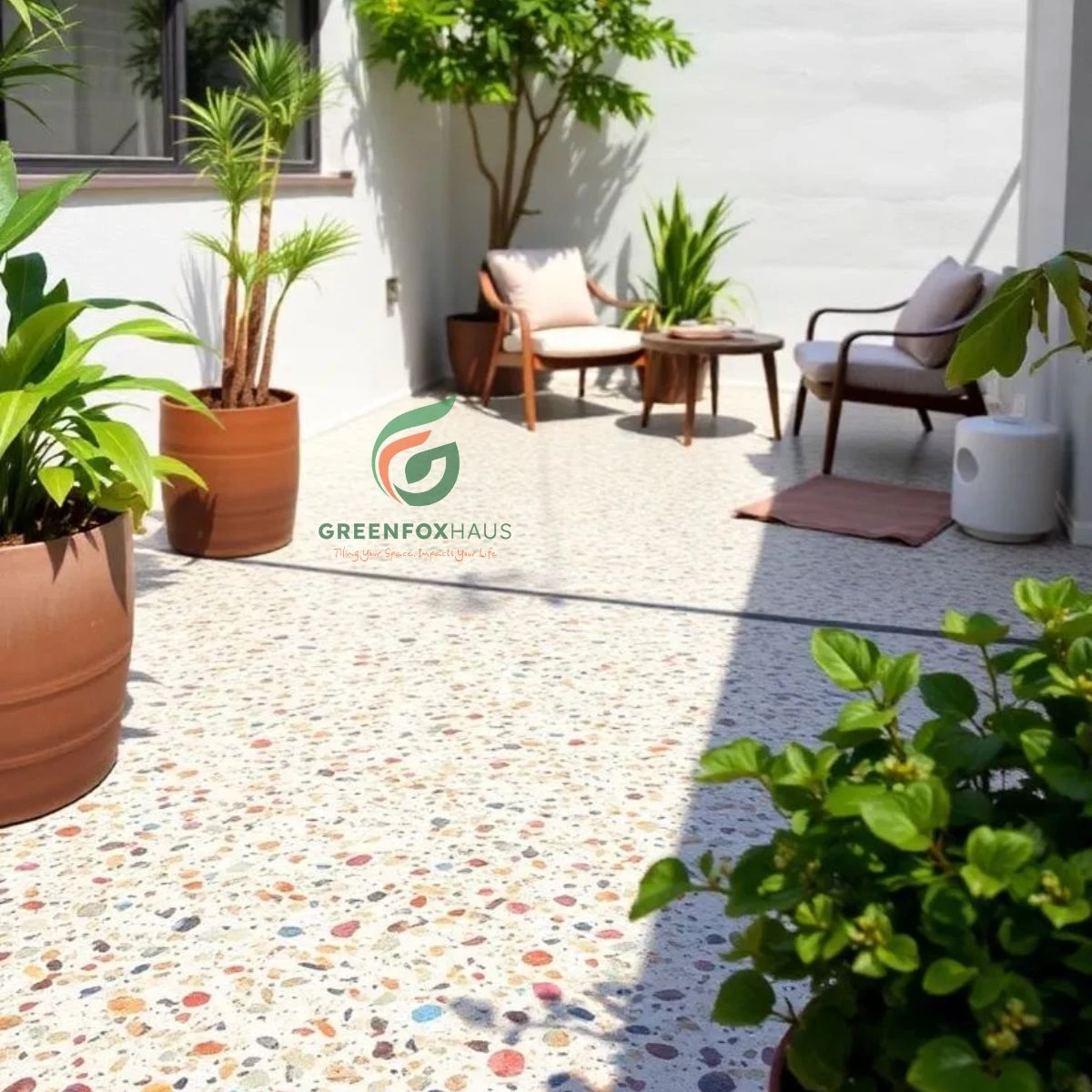 Khu vực sân trong lát mẫu gạch terrazzo hạt nhuyễn tông màu ấm.