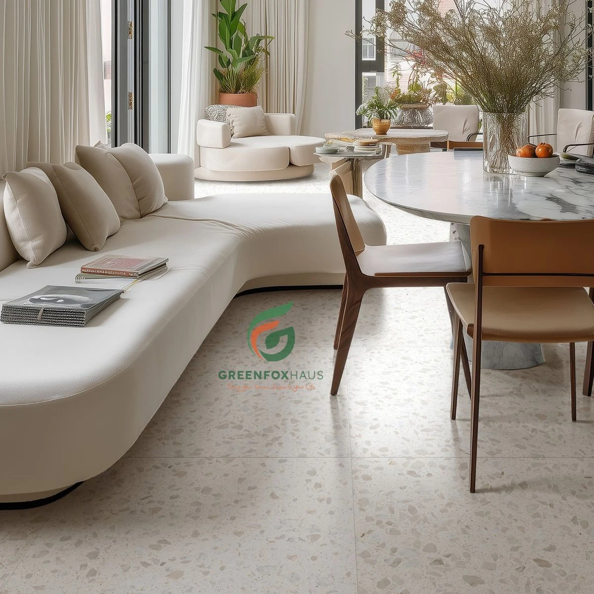 Lát nền phòng khách hiện đại bằng gạch terrazzo 600x600 vân đá mài xám nhạt