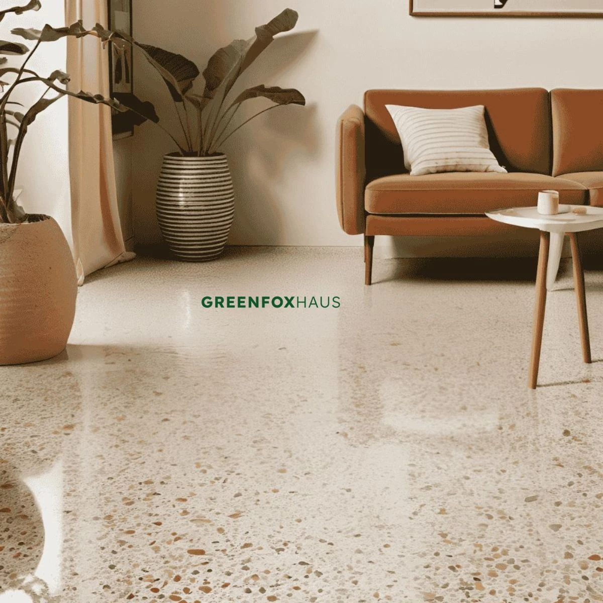 Mẫu gạch terrazzo phòng khách bề mặt bóng mờ tông màu ấm áp.