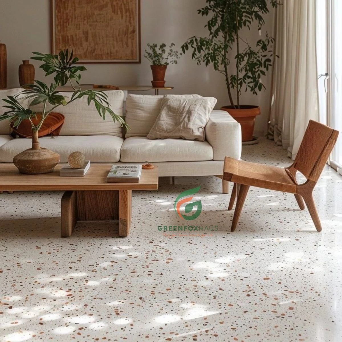Ứng dụng gạch giả terrazzo tông màu đất cho phòng khách phong cách Japandi.