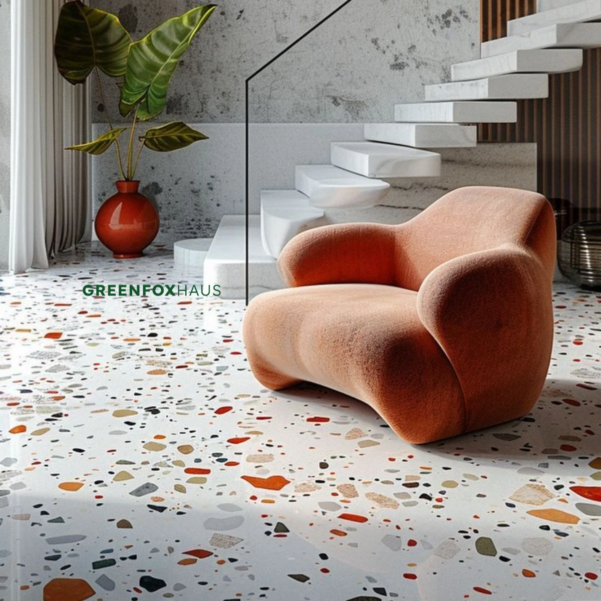 Điểm nhấn phòng khách với mẫu gạch terrazzo họa tiết hạt to đa sắc kết hợp ghế sofa cam