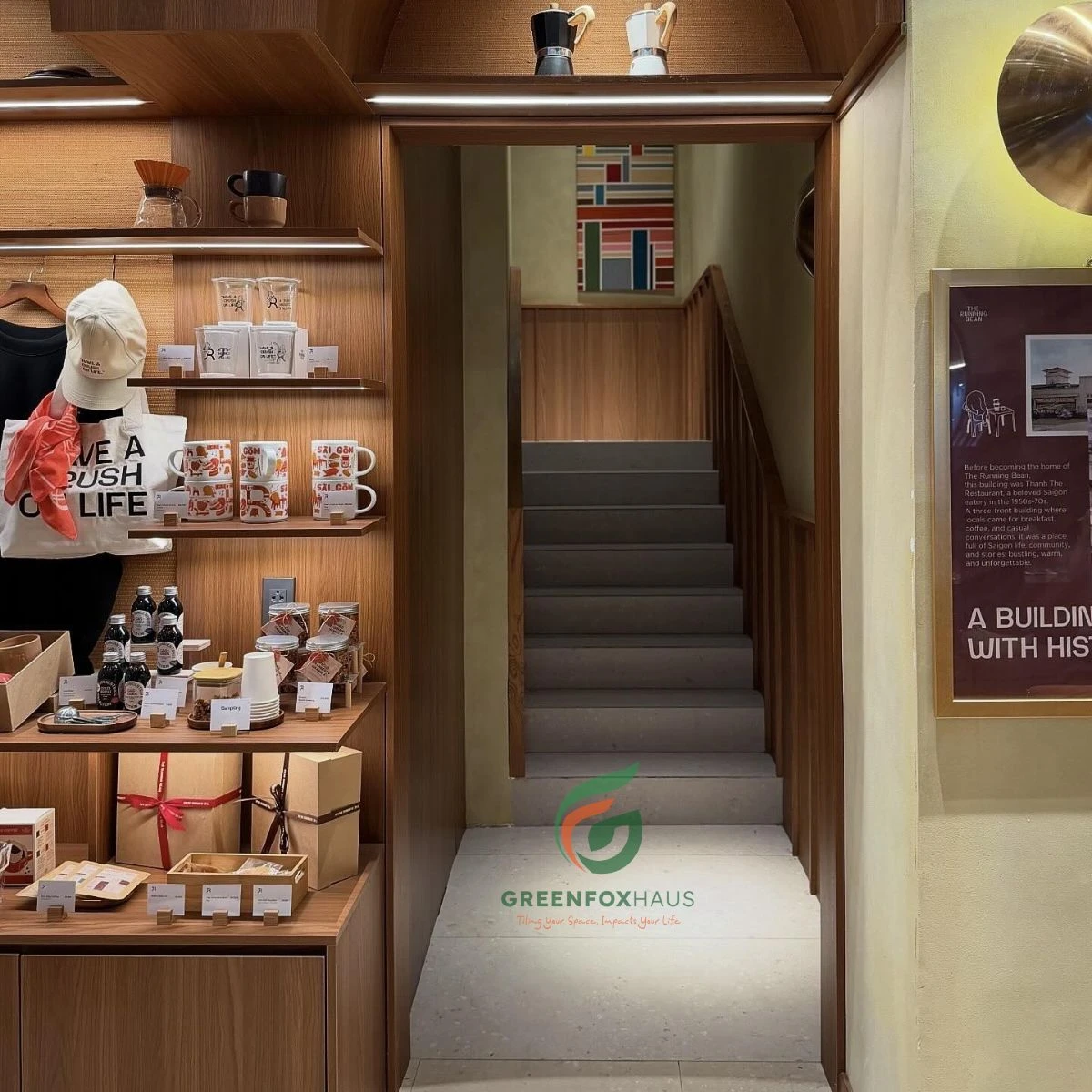 Dự án thực tế quán cafe The Running Bean lát nền mẫu gạch terrazzo tông xám thanh lịch.