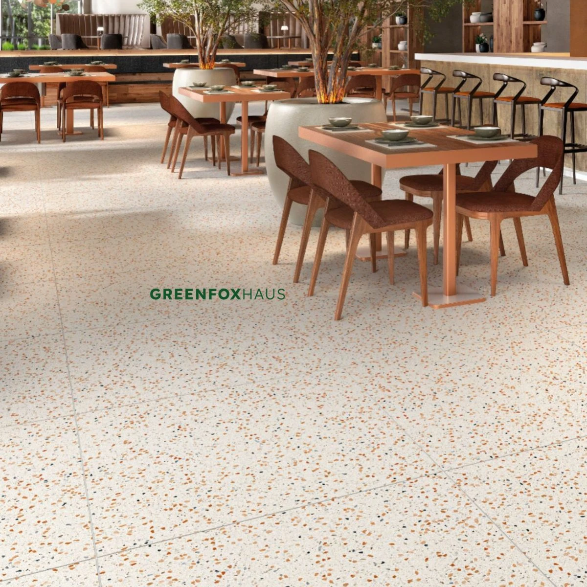 Ứng dụng gạch terrazzo 600x600 lát nền quán cafe nhà hàng không gian rộng.