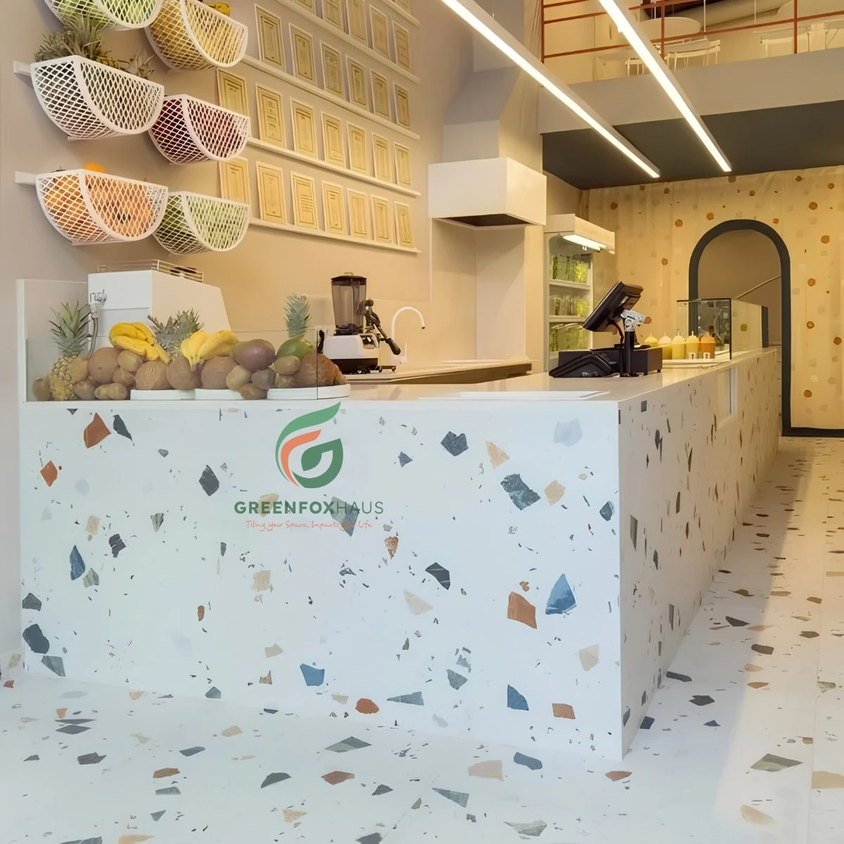 Quầy pha chế quán cafe ốp gạch men terrazzo họa tiết hạt chunky bản to