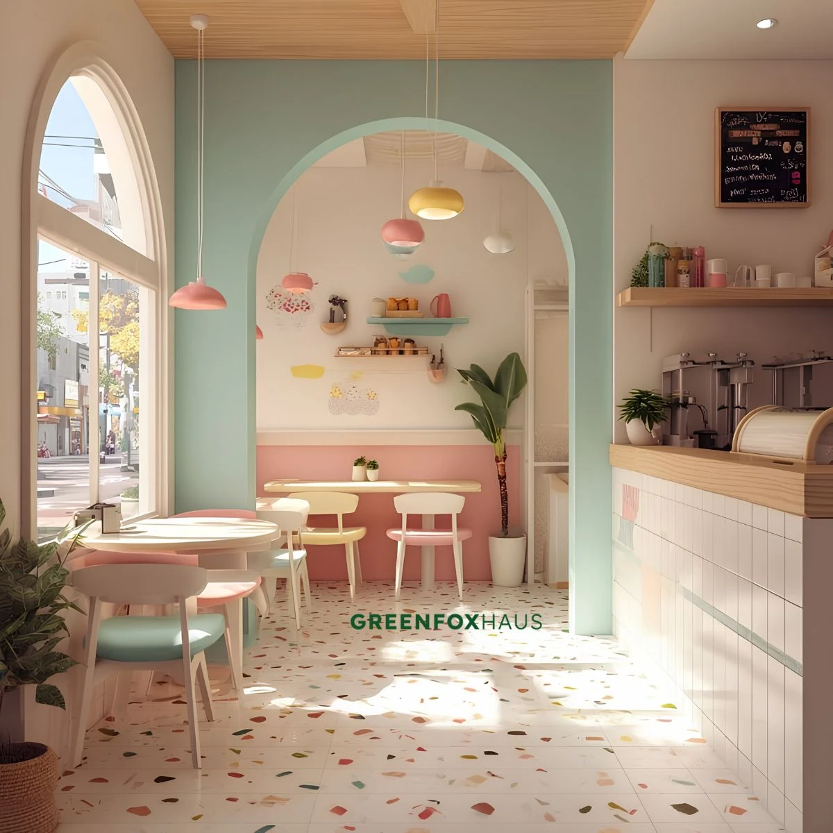 Quán cafe phong cách pastel lát gạch giả terrazzo lấm tấm hạt đa sắc