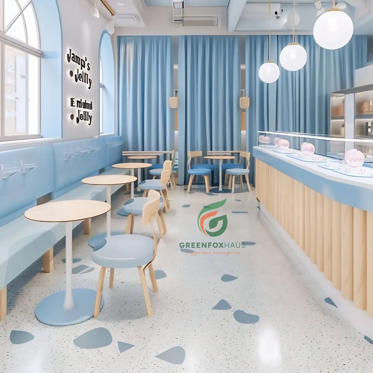 Thiết kế quán cafe tone xanh dương sử dụng mẫu gạch terrazzo hạt lớn đồng bộ thương hiệu