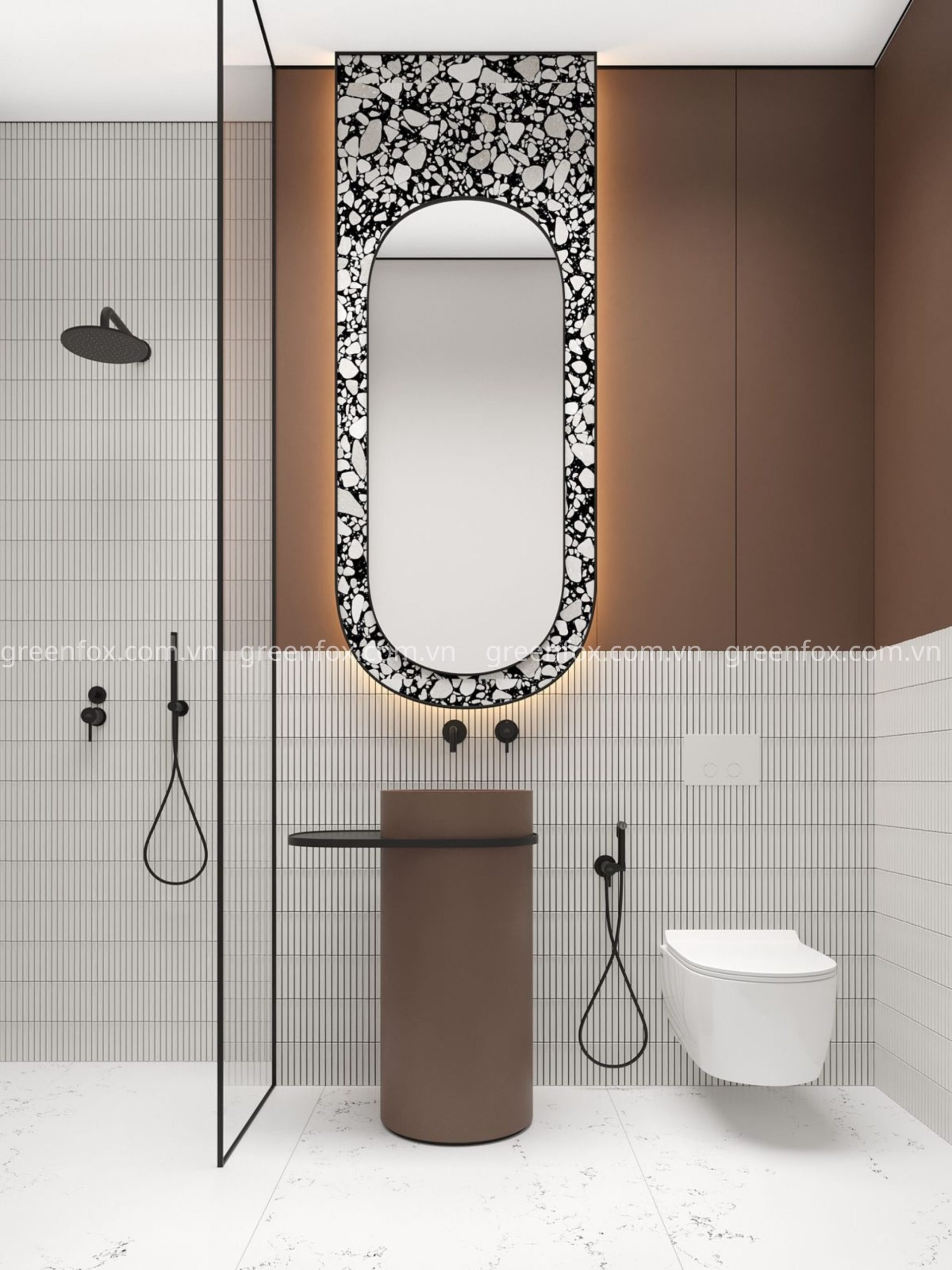 gạch ốp tường nhà tắm kẻ sọc kết hợp gạch terrazzo viền gương phong cách hiện đại