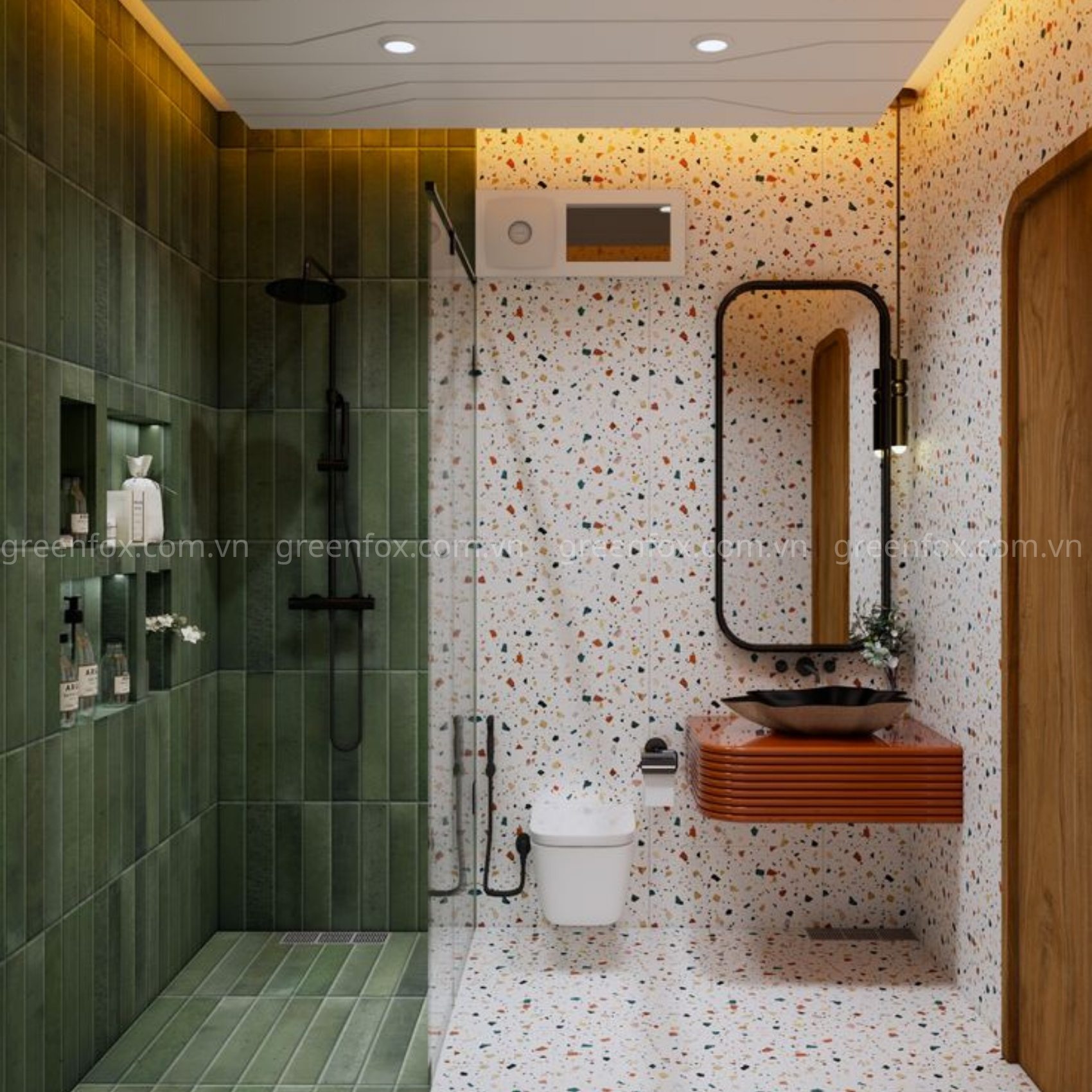 gạch ốp lát phòng tắm terrazzo kết hợp gạch thẻ xanh hiện đại greenfox