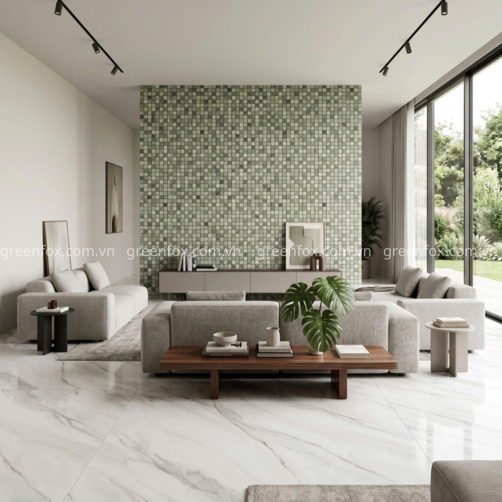 Gạch thẻ xanh mint ốp tường kết hợp nền big slab vân xi măng tạo không gian phòng tắm hiện đại, sạch và tinh giản