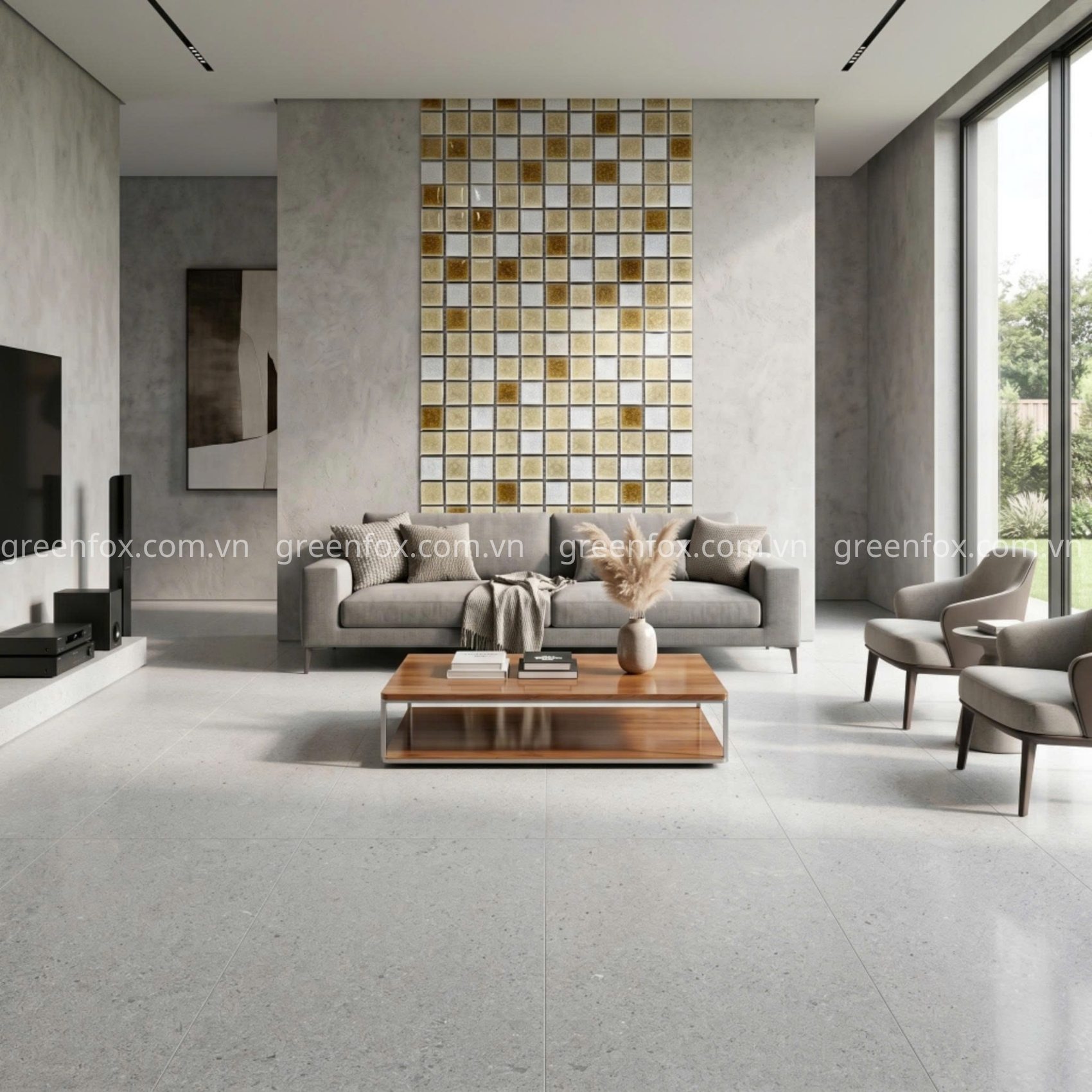 Gạch mosaic tông vàng gold tạo điểm nhấn nổi bật trên nền tường big slab xám, mang lại cảm giác sang trọng và chiều sâu cho không gian