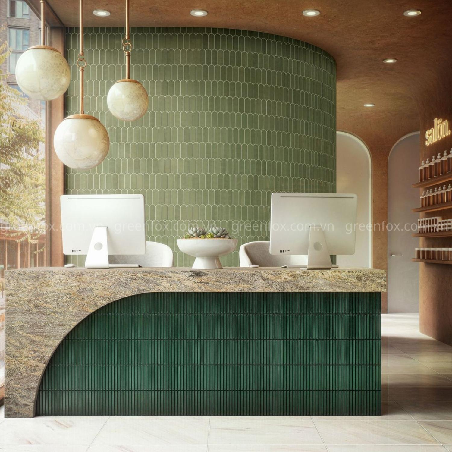 gạch mosaic xanh ốp quầy lễ tân gạch trang trí showroom cao cấp