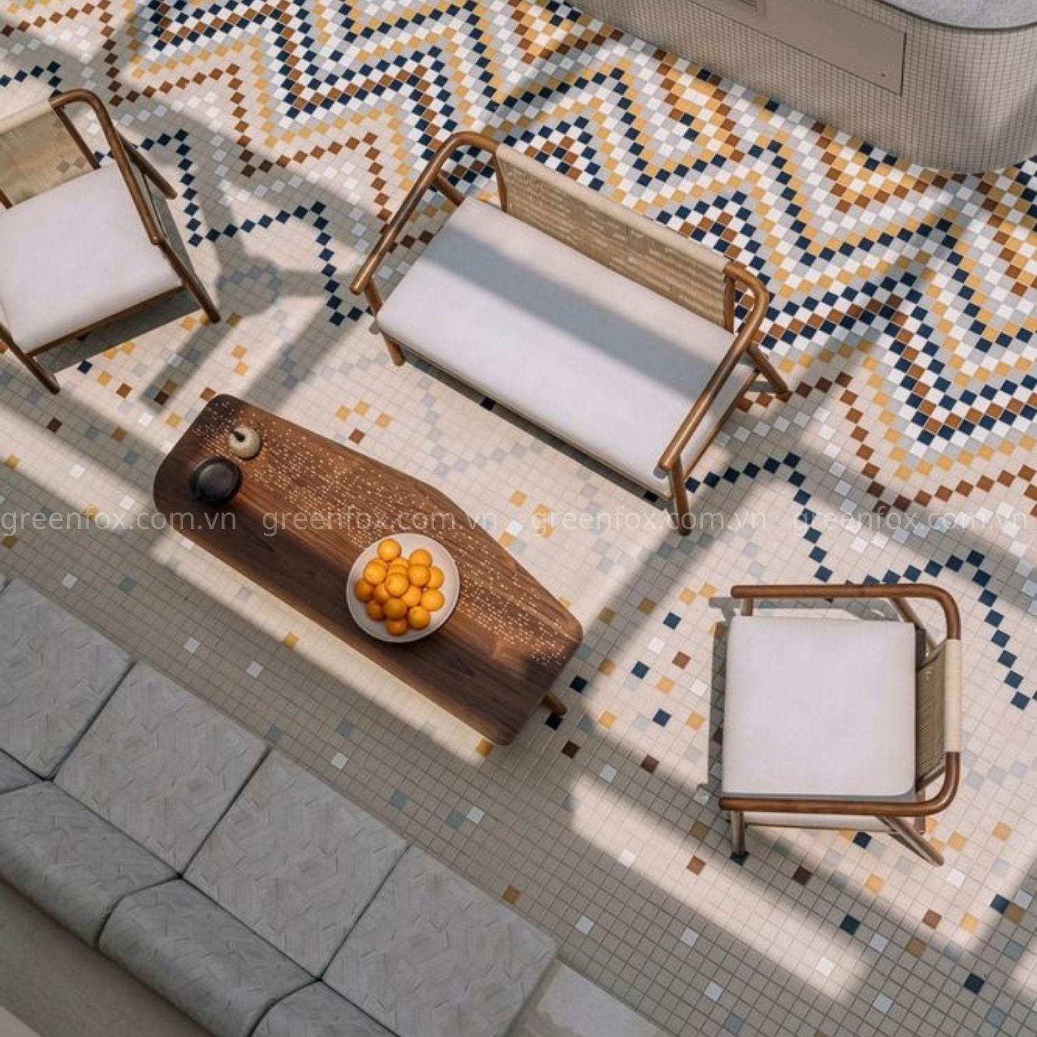 gạch mosaic lát sàn họa tiết hình học gạch trang trí cafe