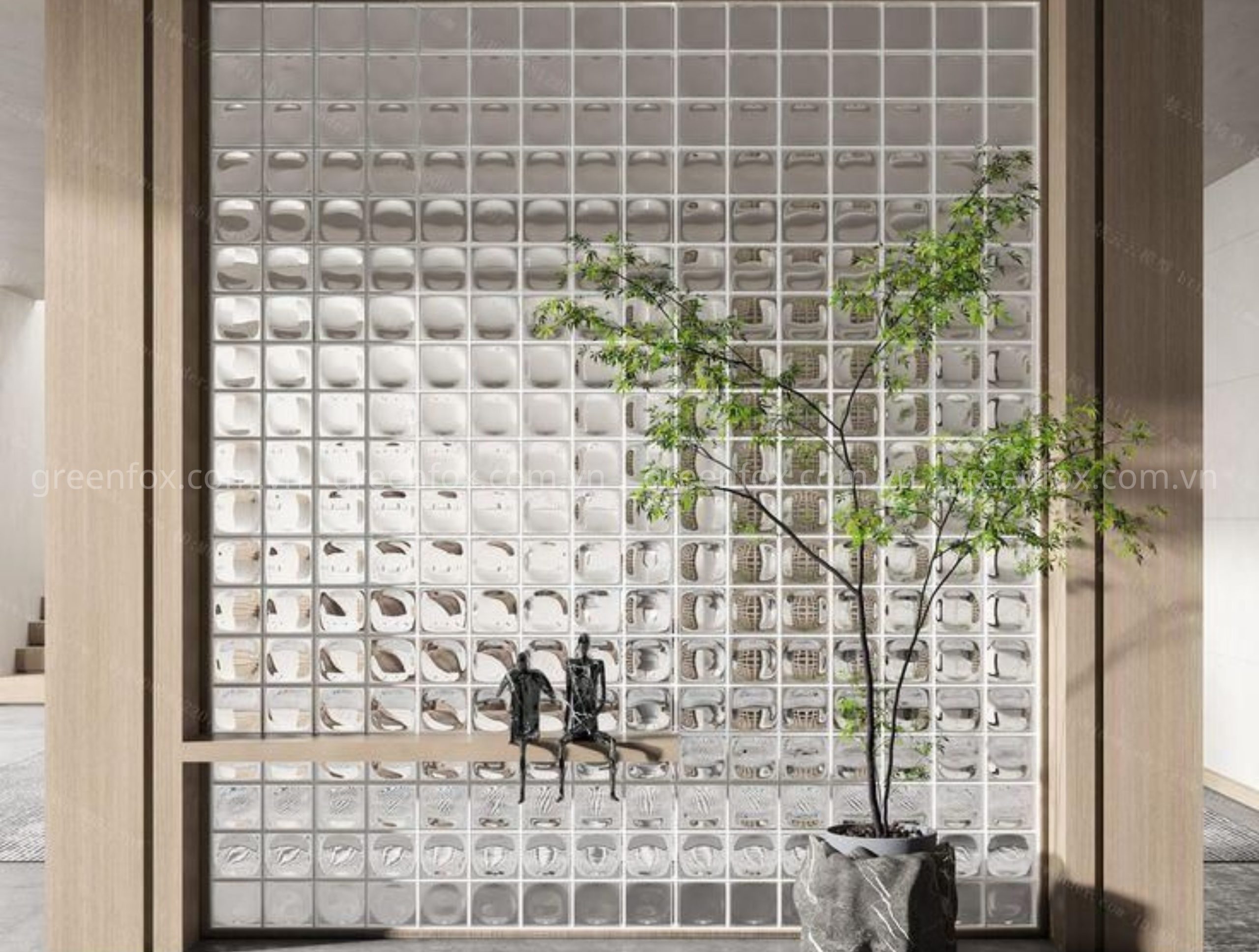 Mảng tường gạch kính trắng mang phong cách tối giản, kết hợp cây xanh tạo nên không gian thư giãn nhẹ nhàng và tinh tế.