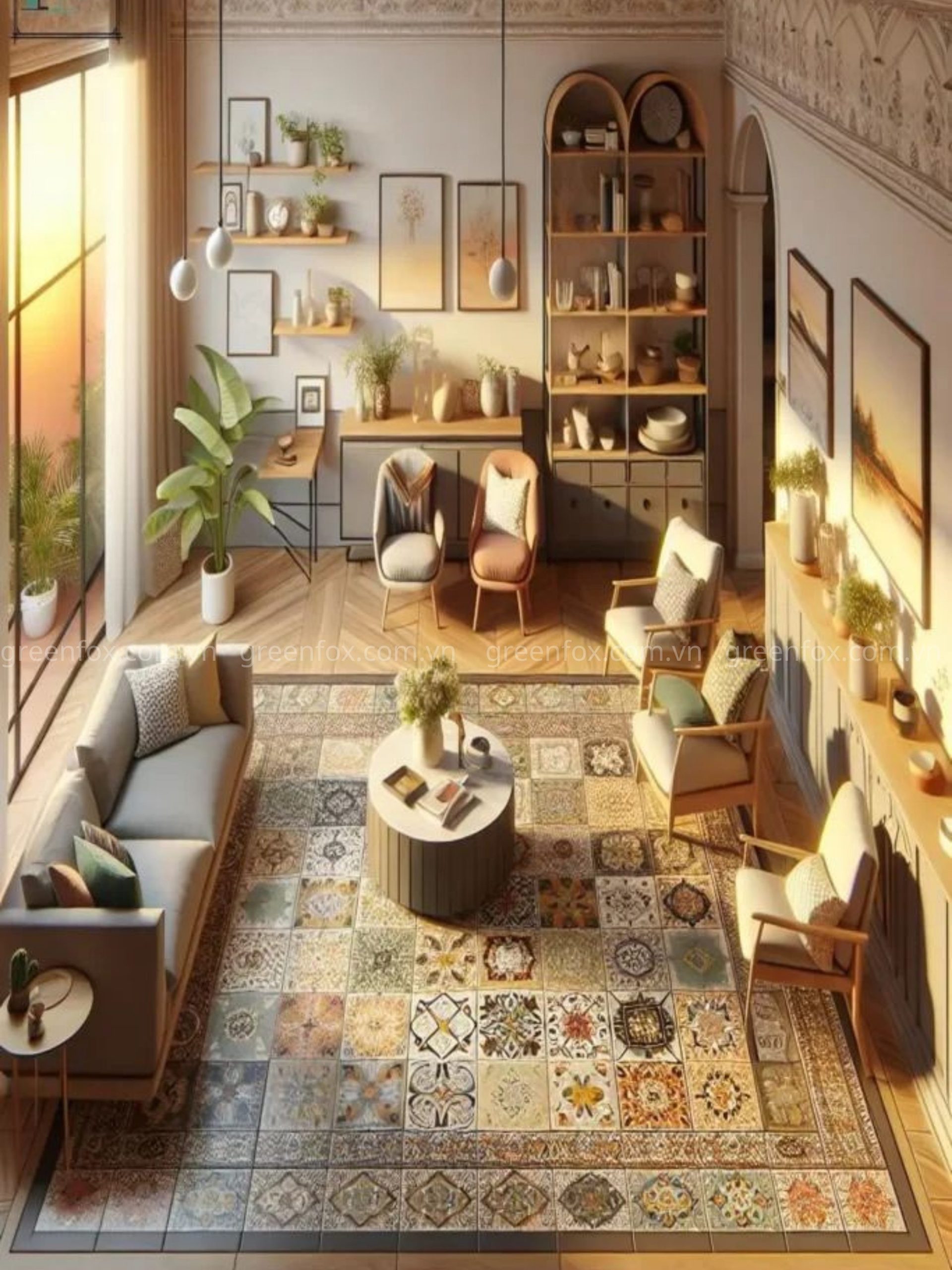 gạch bông patchwork nhiều họa tiết lát nền phòng khách nghệ thuật