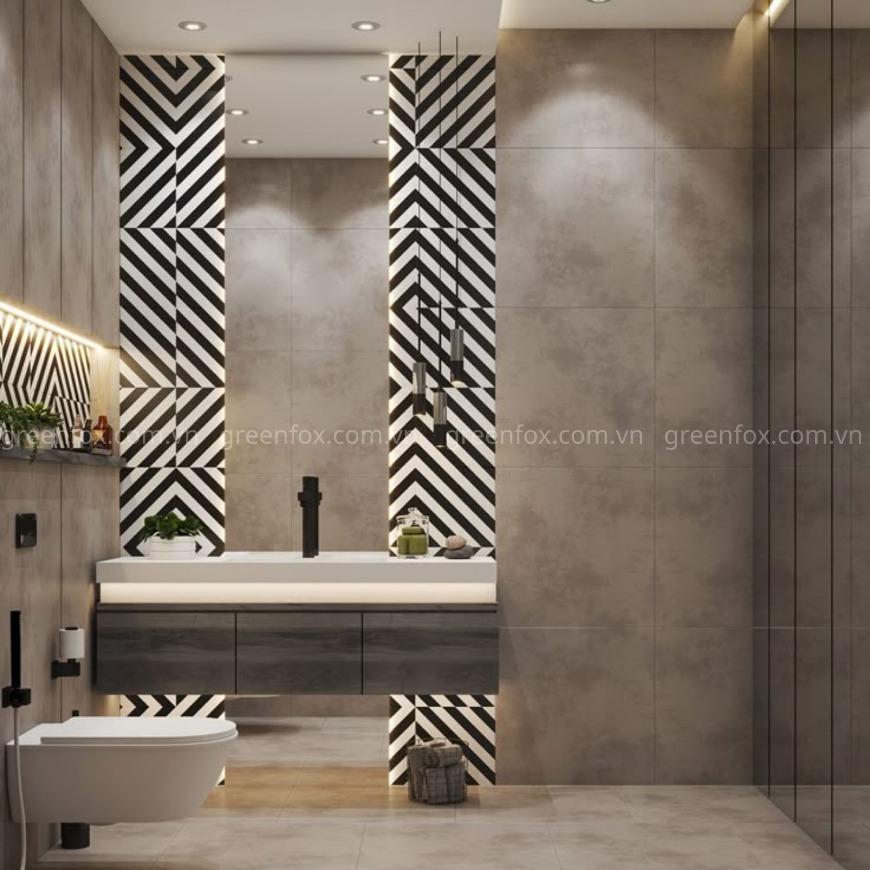 gạch ốp tường nhà tắm vân xi măng kết hợp gạch trang trí hình học trắng đen hiện đại