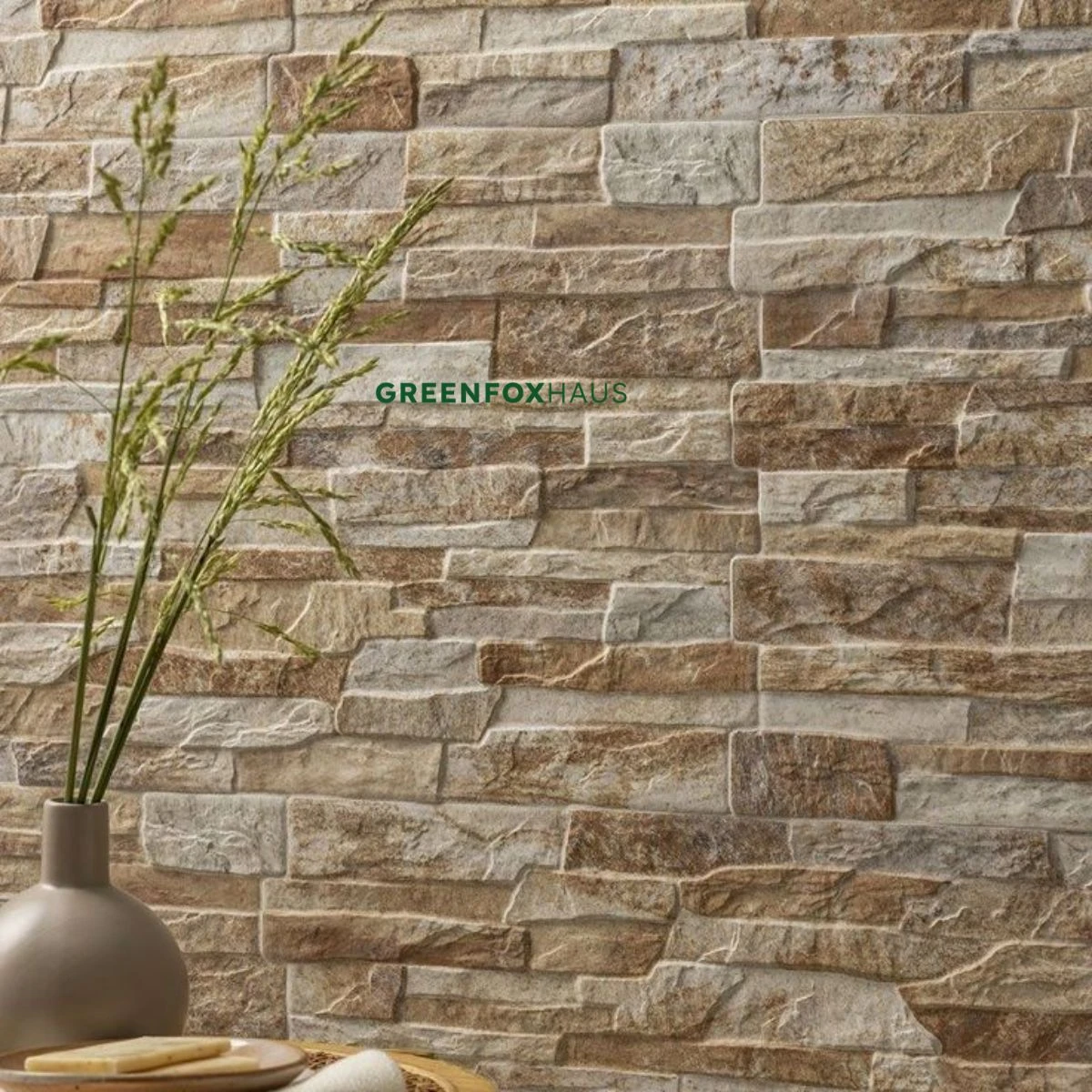 Mẫu gạch giả đá 3D dập nổi tông nâu beige ốp tường nội thất phong cách rustic