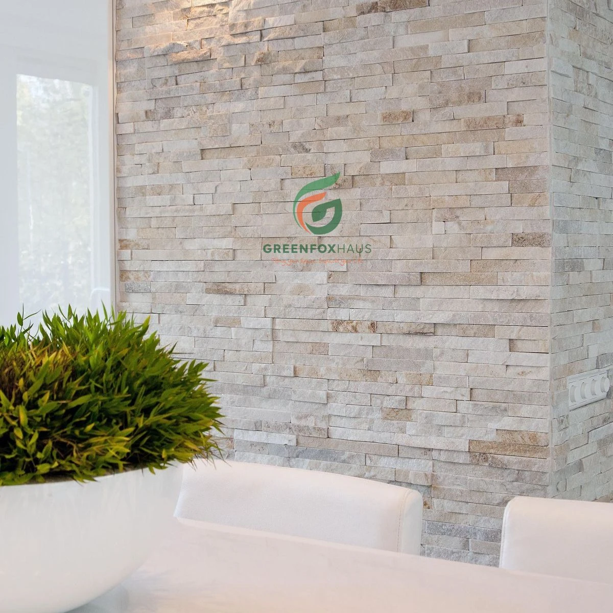 Mẫu gạch giả đá 3D thẻ nhỏ tông trắng xám ốp cột trang trí phòng khách hiện đại