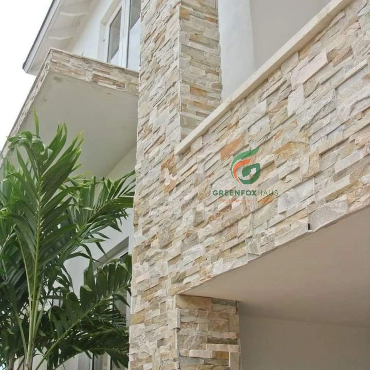 Mẫu gạch giả đá 3D ốp mặt tiền và trụ cổng nhà phố tông vàng nâu tự nhiên