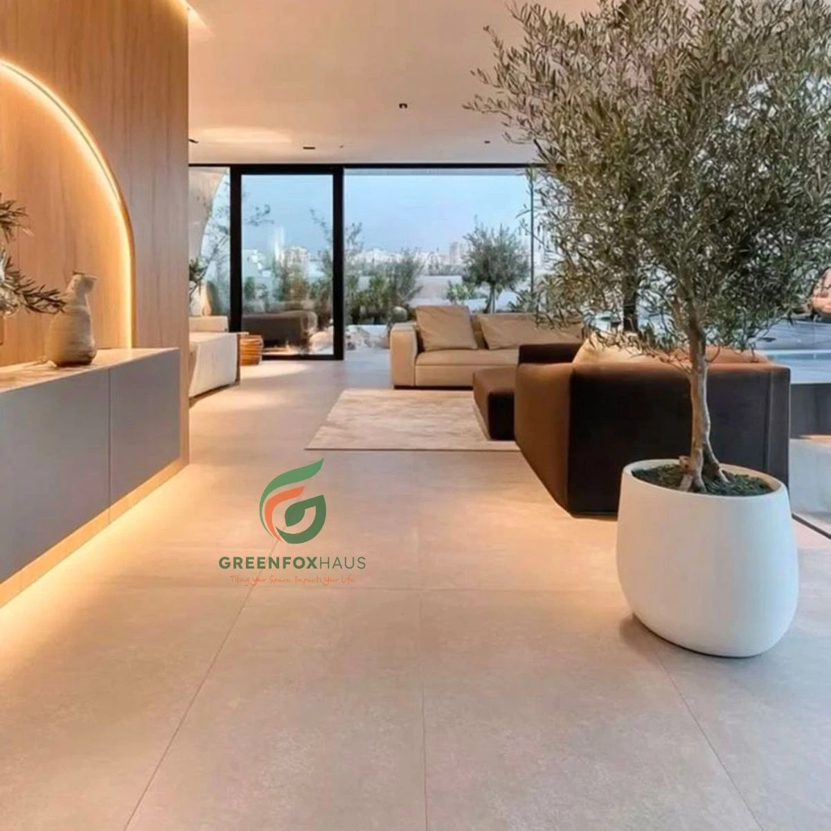 Mẫu gạch giả đá lát nền khổ lớn tông beige ấm phòng khách biệt thự hiện đại