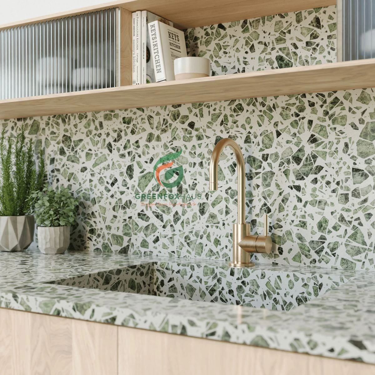 Mẫu gạch giả đá ốp tường bếp terrazzo xanh lá hạt lớn phong cách nghệ thuật