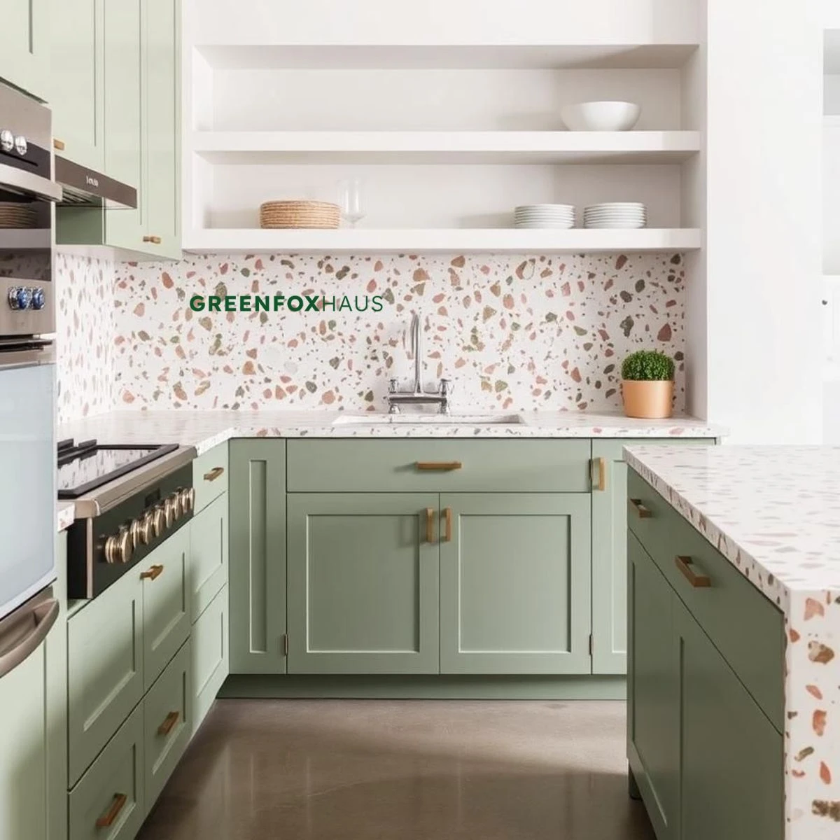 Mẫu gạch giả đá ốp tường bếp terrazzo hồng pastel kết hợp tủ bếp xanh sage