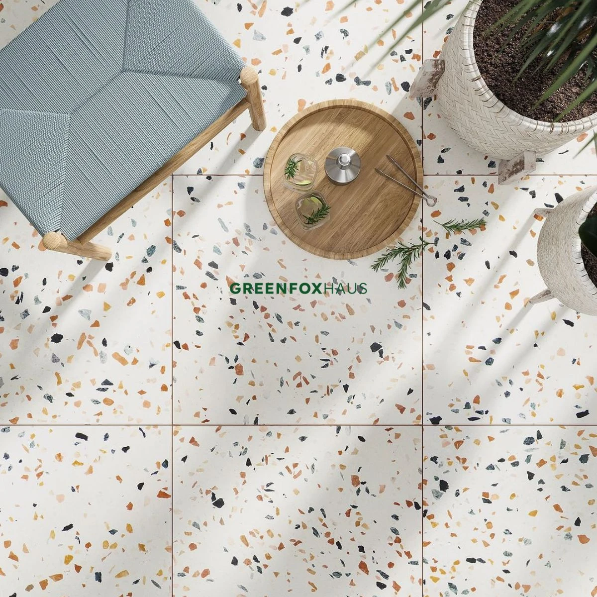 Mẫu gạch giả đá mài terrazzo nhiều màu lát nền góc thư giãn ngoài trời