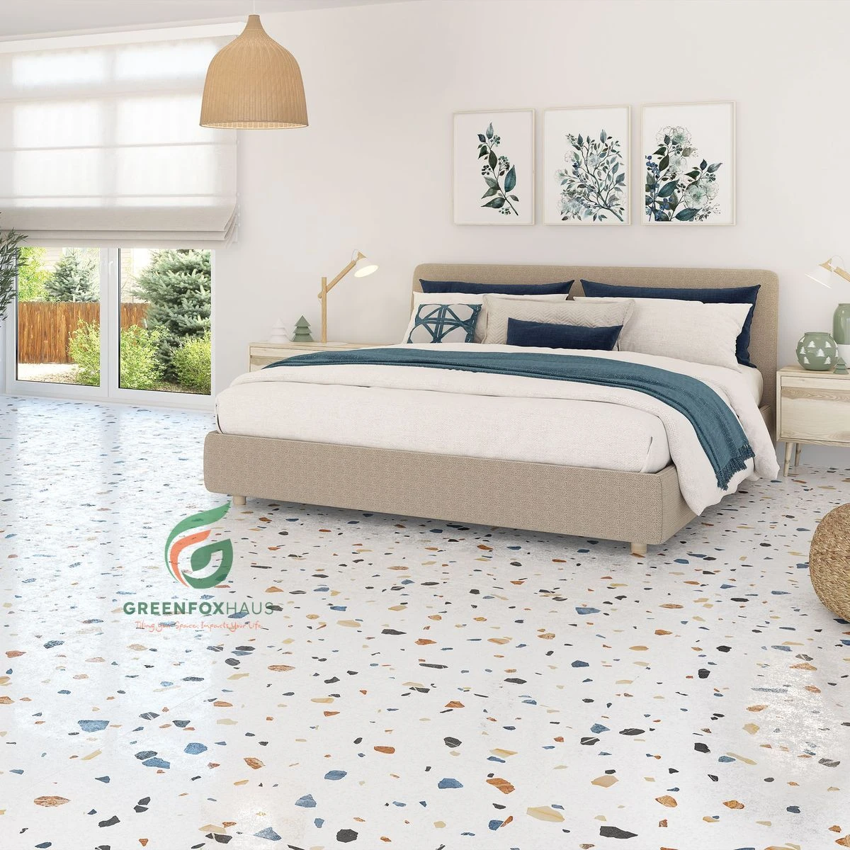 Mẫu gạch giả đá mài terrazzo trắng đốm màu lát nền phòng ngủ phong cách retro