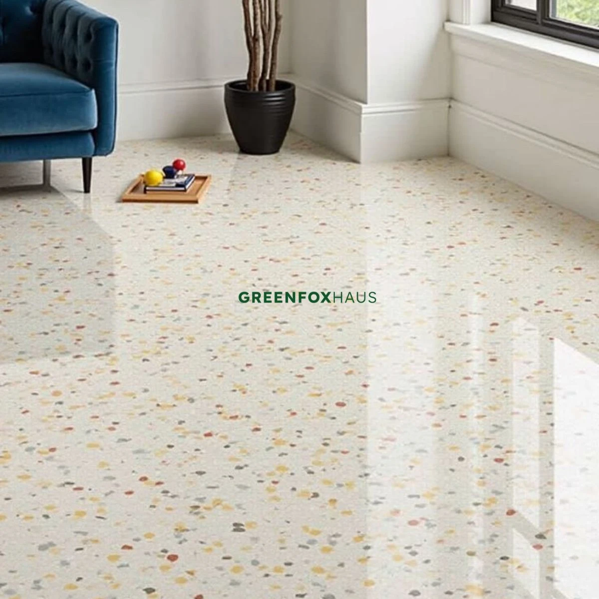 Mẫu gạch giả đá mài terrazzo hạt nhỏ bóng kiếng lát nền phòng khách hiện đại