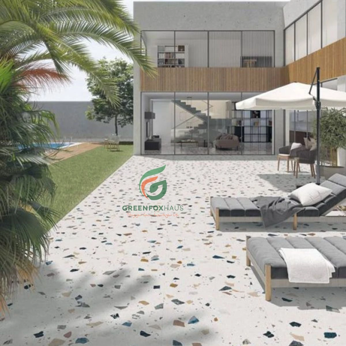 Mẫu gạch giả đá mài terrazzo hạt lớn lát nền sân thượng biệt thự hiện đại