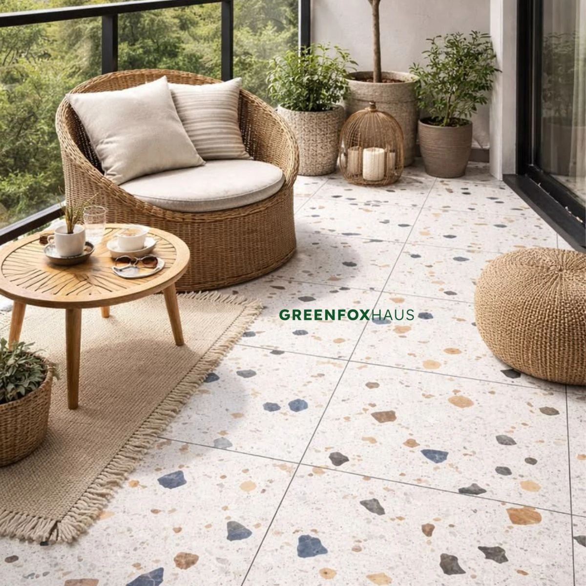 Mẫu gạch giả đá mài terrazzo tông trung tính lát nền ban công phong cách bohemian