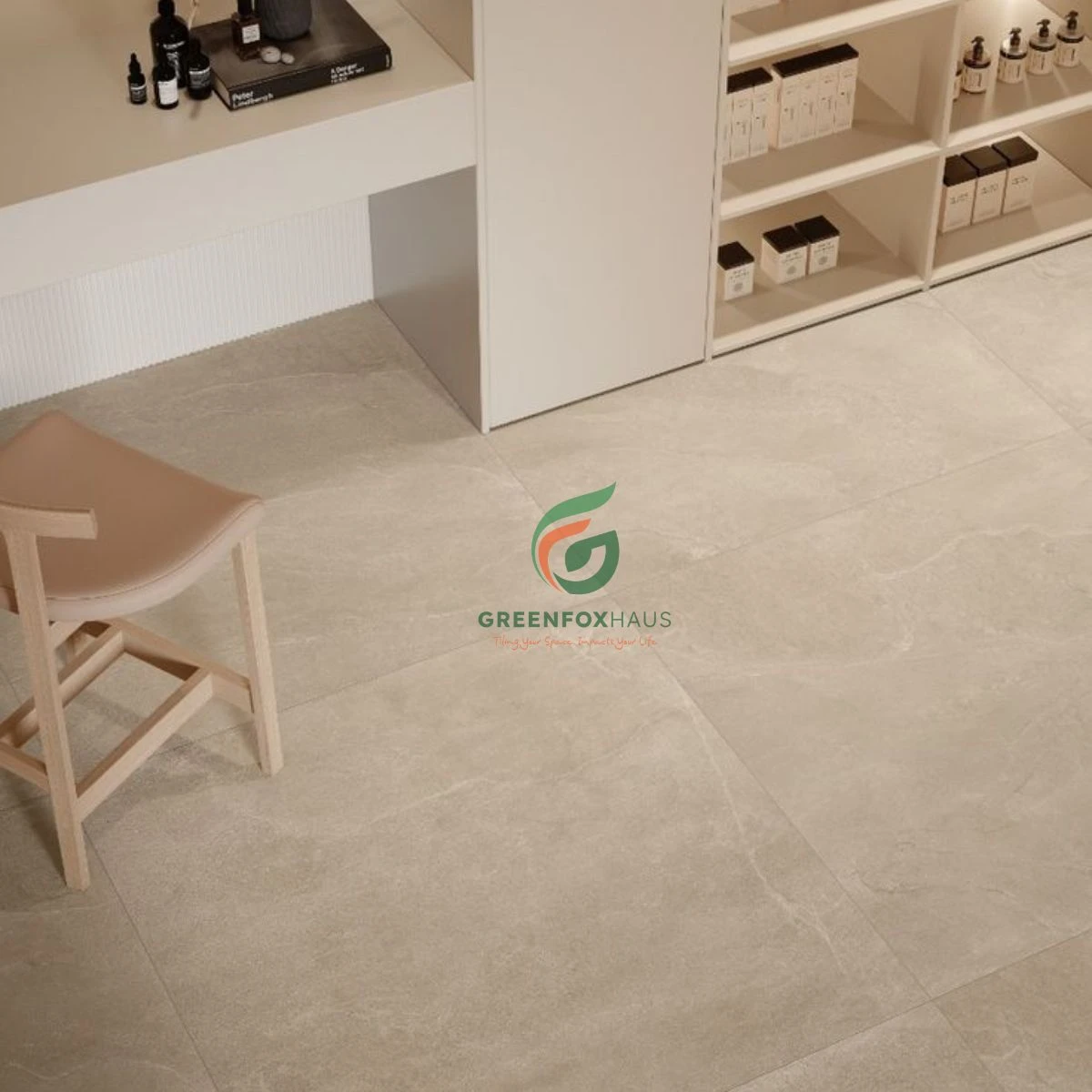 Mẫu gạch giả đá tự nhiên tông beige lát nền không gian showroom hiện đại