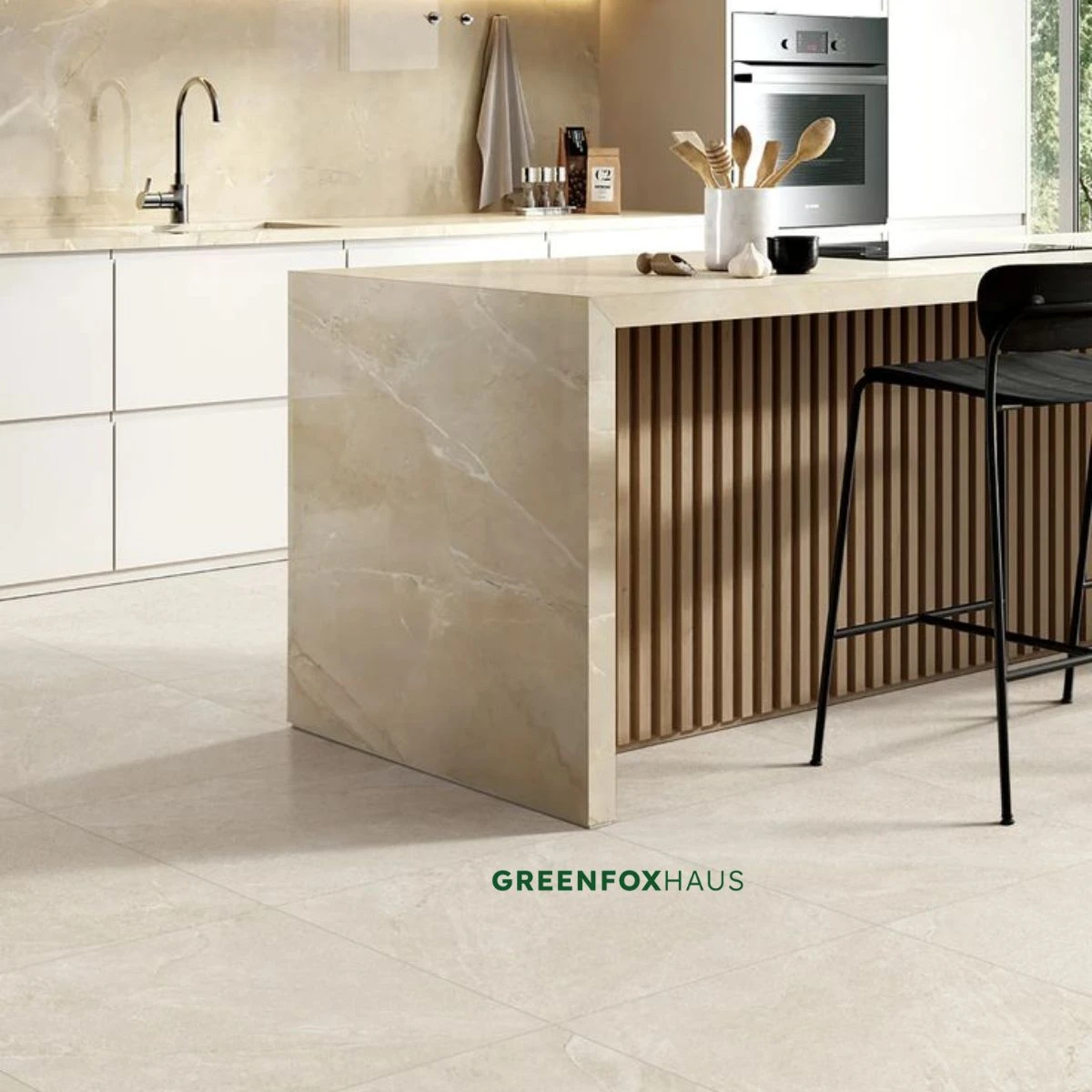 Mẫu gạch giả đá tự nhiên lát nền phòng bếp kết hợp đảo bếp ốp đá vân marble