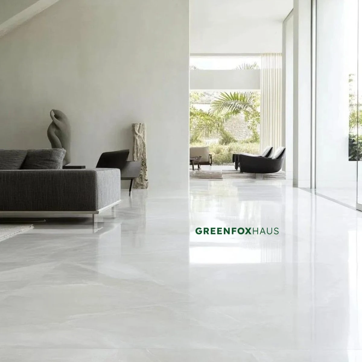 Mẫu gạch giả đá marble trắng xám bóng lát nền biệt thự không gian mở rộng lớn