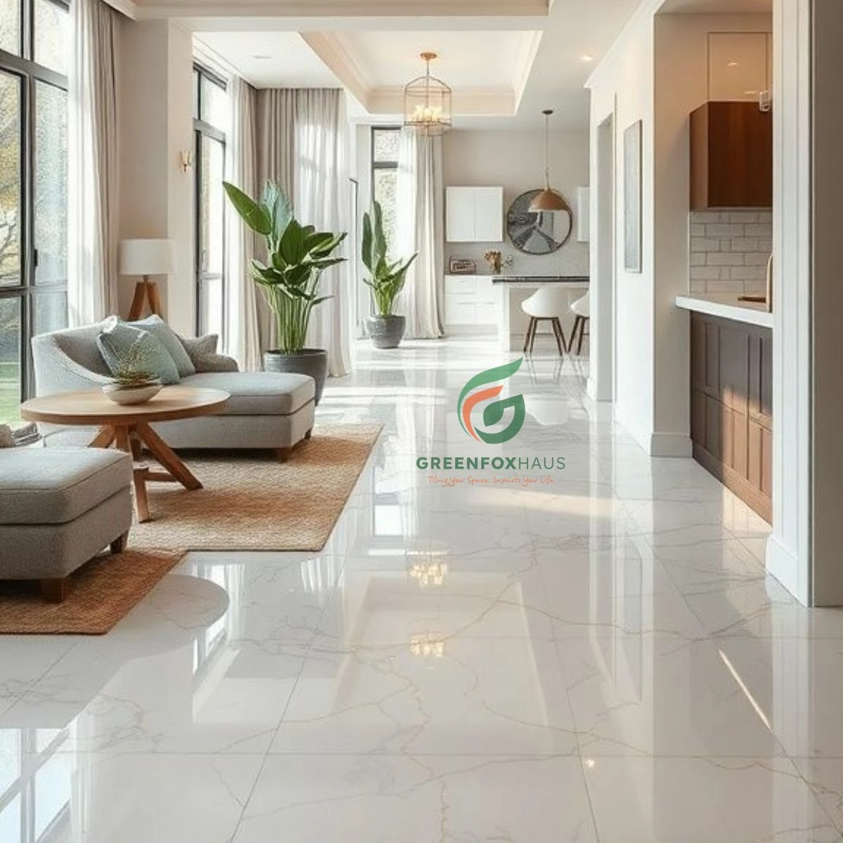 Mẫu gạch giả đá marble trắng bóng lát nền phòng khách liền bếp phong cách hiện đại