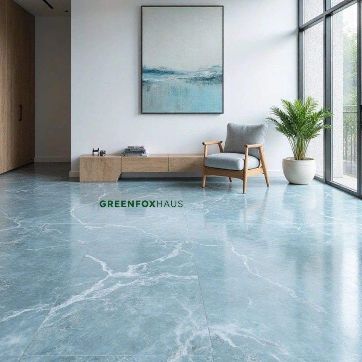 Mẫu gạch giả đá Onyx xanh ngọc vân trắng bóng lát nền phòng khách tối giản