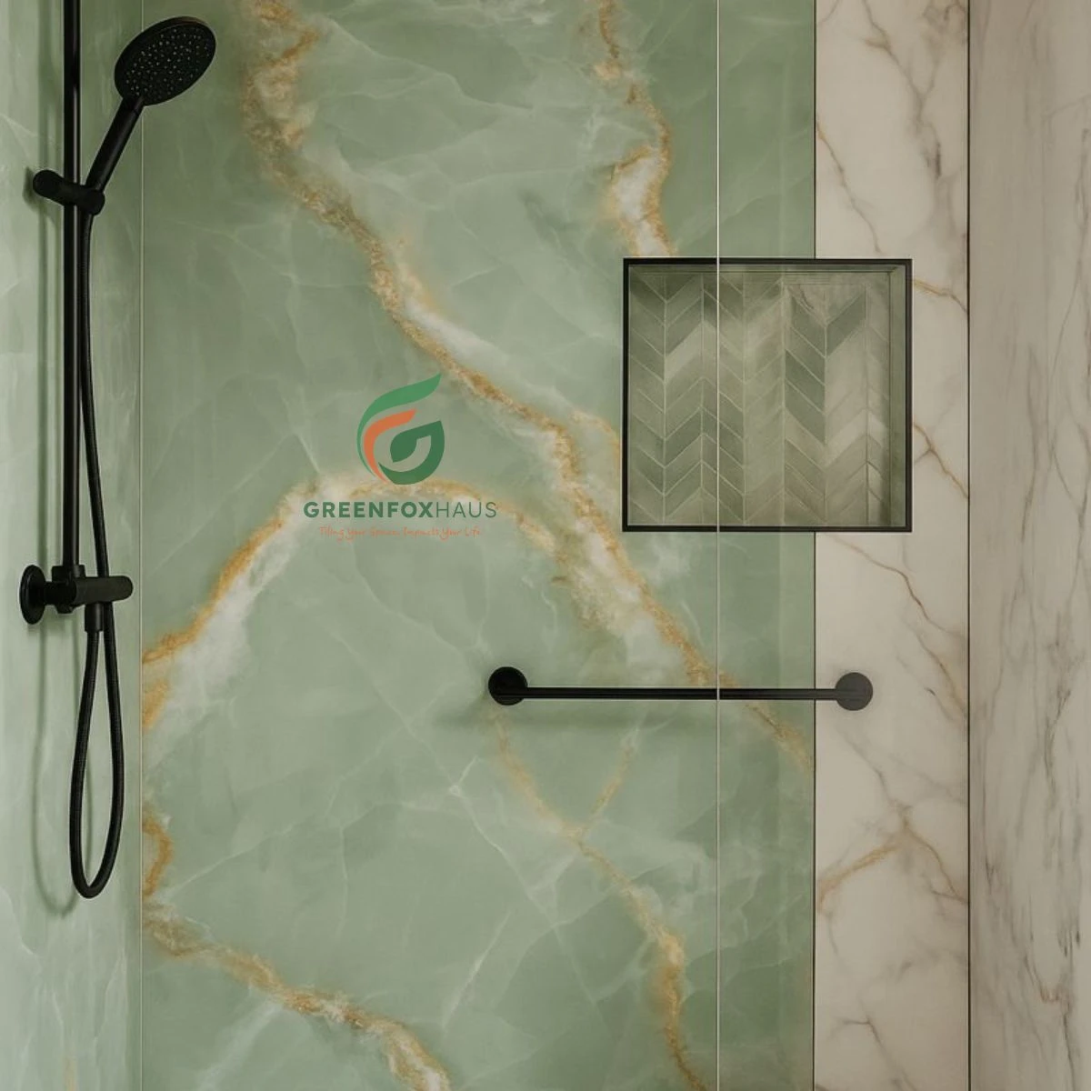 Mẫu gạch giả đá Onyx xanh ngọc vân vàng ốp tường phòng tắm kết hợp gạch marble