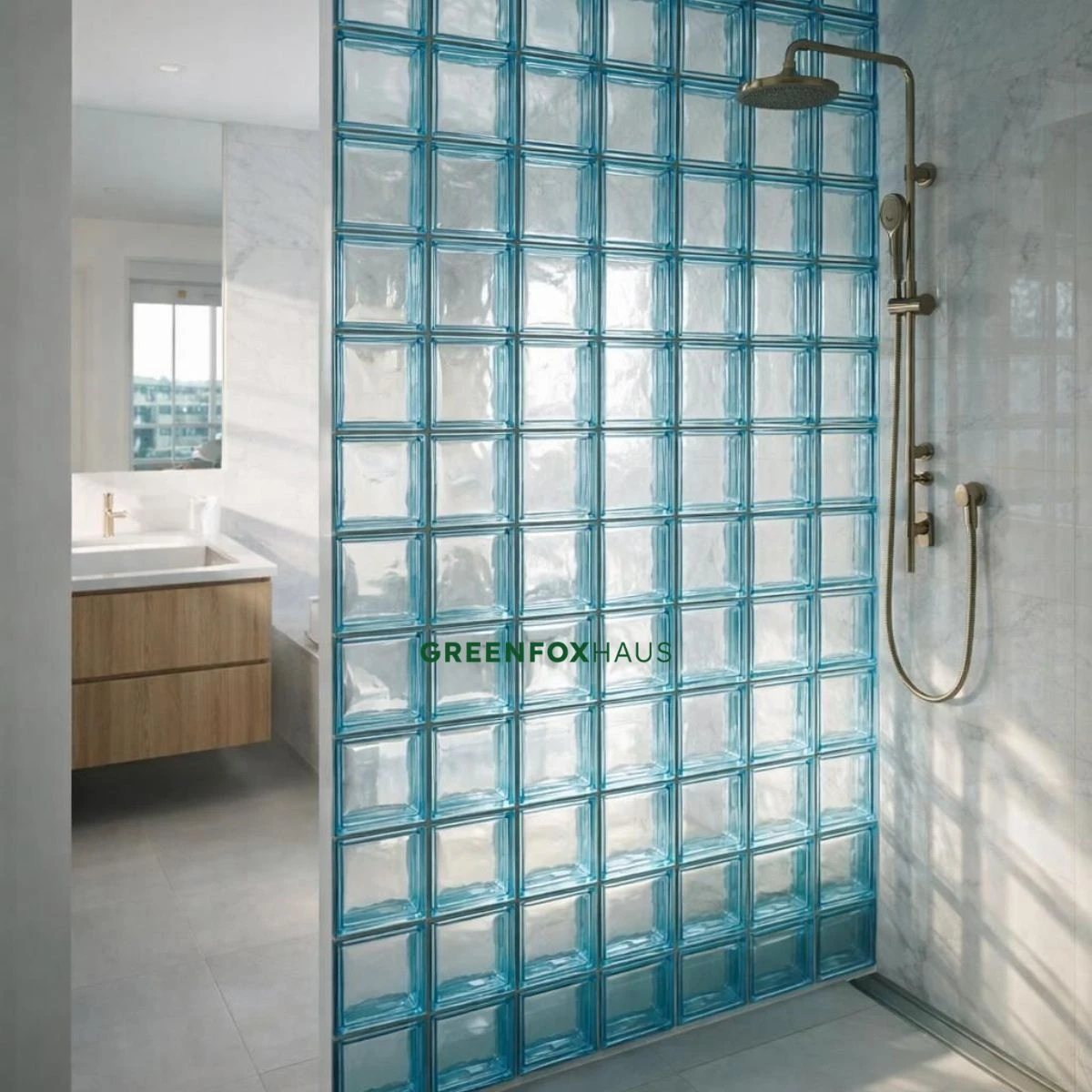 tường gạch kính màu xanh lấy sáng cho phòng tắm hiện đại và thoáng đãng