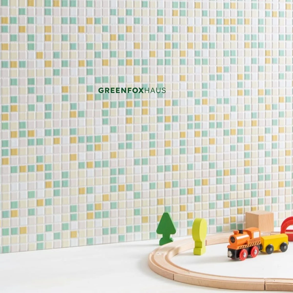 Gạch men mosaic phối màu pastel ốp tường không gian trẻ em phong cách tươi sáng hiện đại