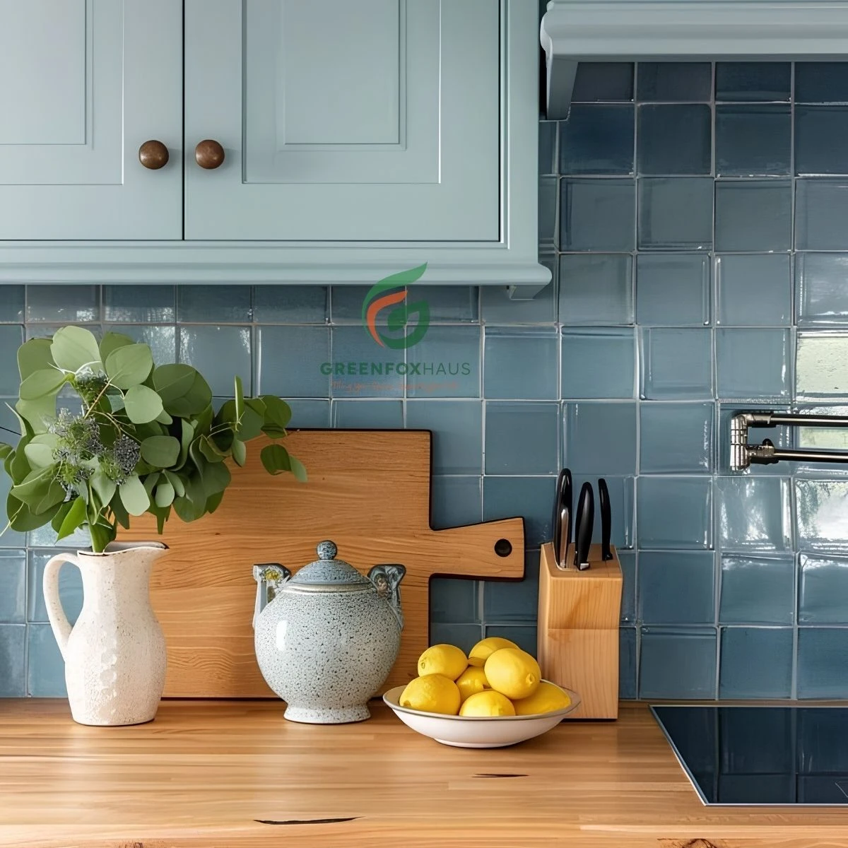 Gạch mosaic ốp tường bếp màu xanh ghi men bóng phong cách tối giản hiện đại