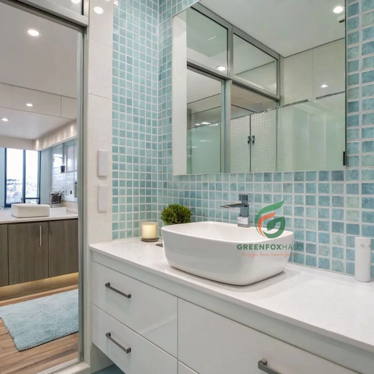 Gạch mosaic ốp nhà tắm màu xanh mint tạo cảm giác sạch thoáng và thư giãn hiện đại
