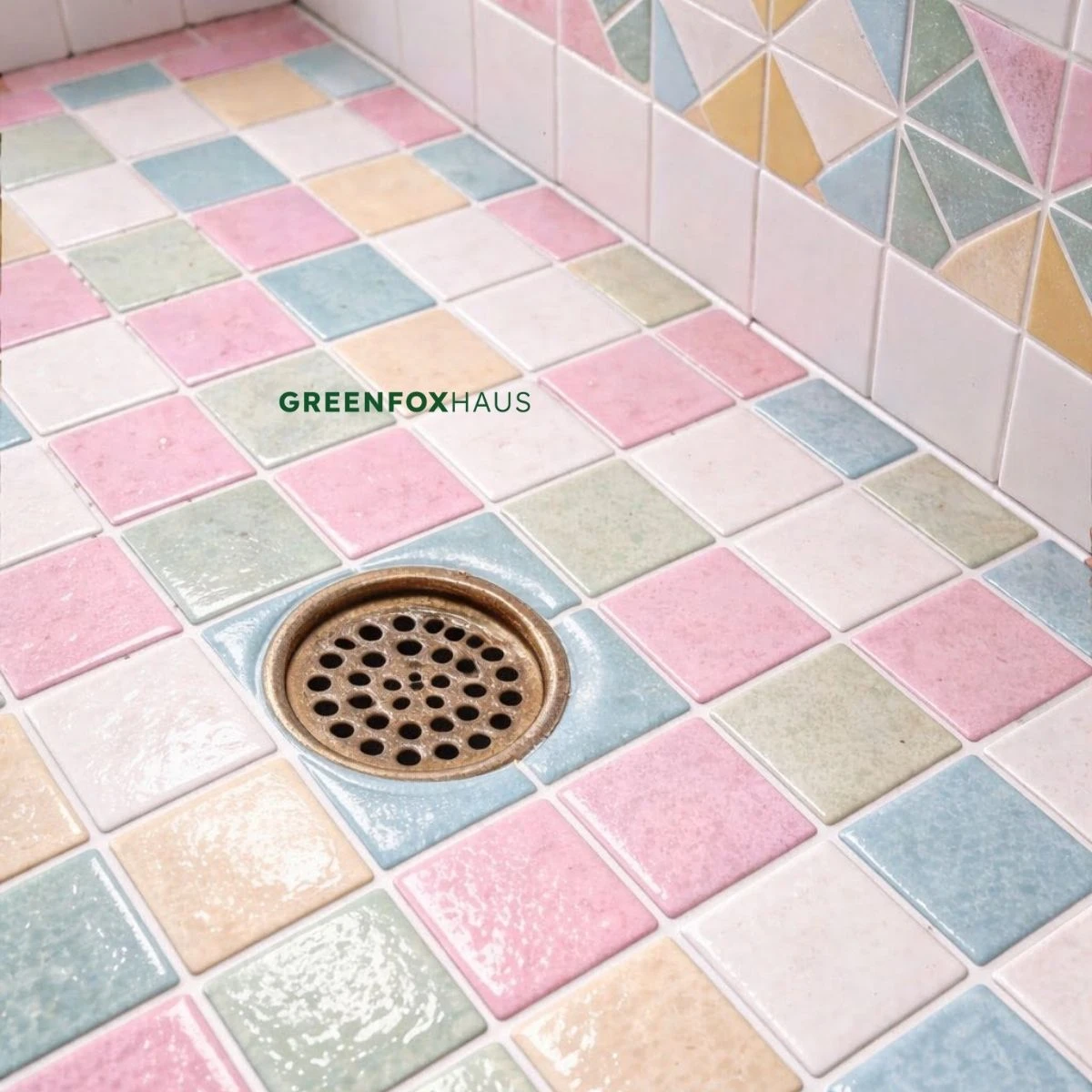 Gạch men mosaic pastel lát nền phòng tắm với bề mặt bóng nhẹ và màu sắc nghệ thuật