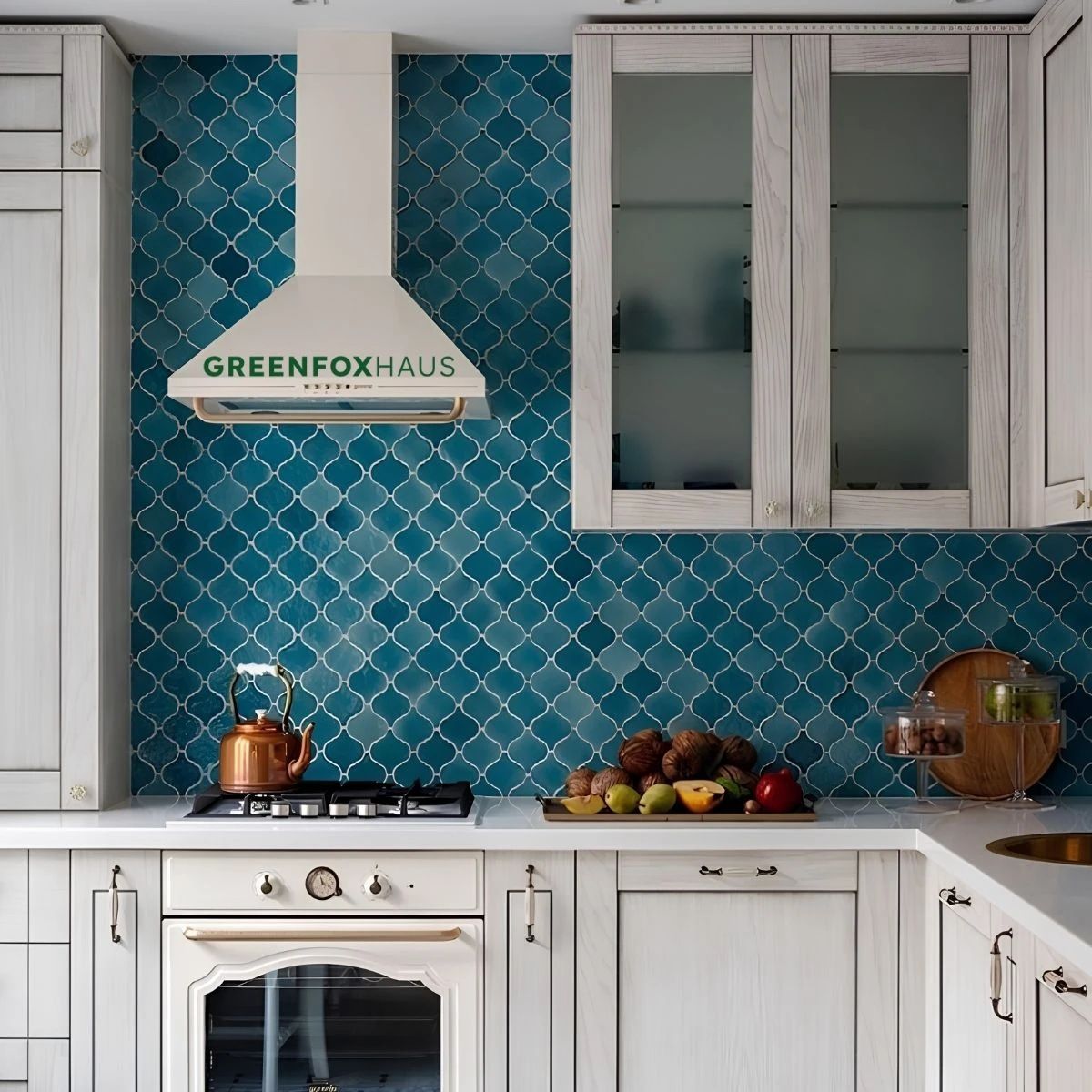 Gạch mosaic lồng đèn màu xanh teal ốp tường bếp tạo điểm nhấn sang trọng