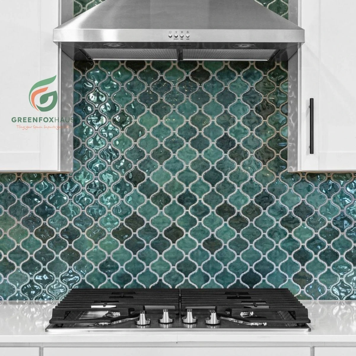 Gạch mosaic lồng đèn men bóng xanh ngọc dùng cho tường bếp cao cấp