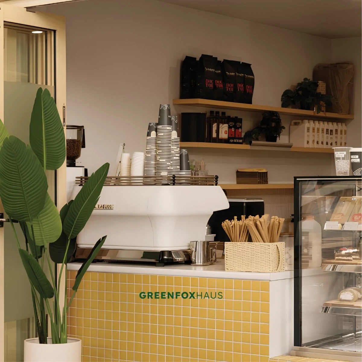Gạch mosaic vàng ốp quầy bar quán cafe hiện đại