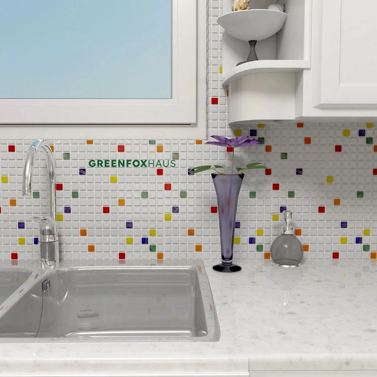 Gạch mosaic ô vuông nhiều màu ốp tường bếp chống bám bẩn
