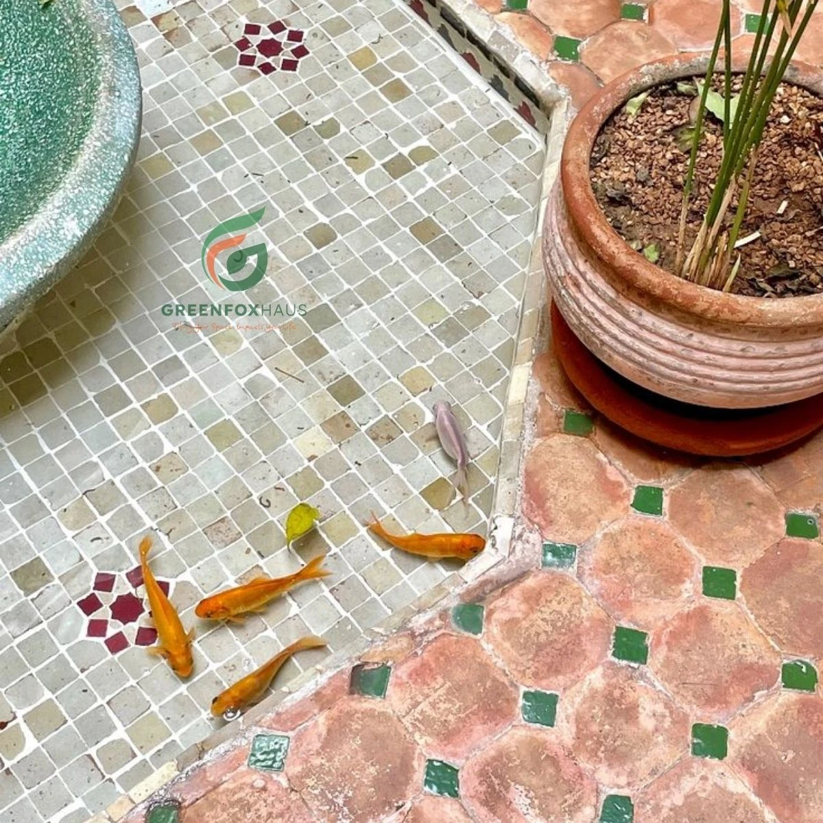 Gạch mosaic đá tự nhiên lát nền sân vườn hồ cá mang phong cách rustic mộc mạc
