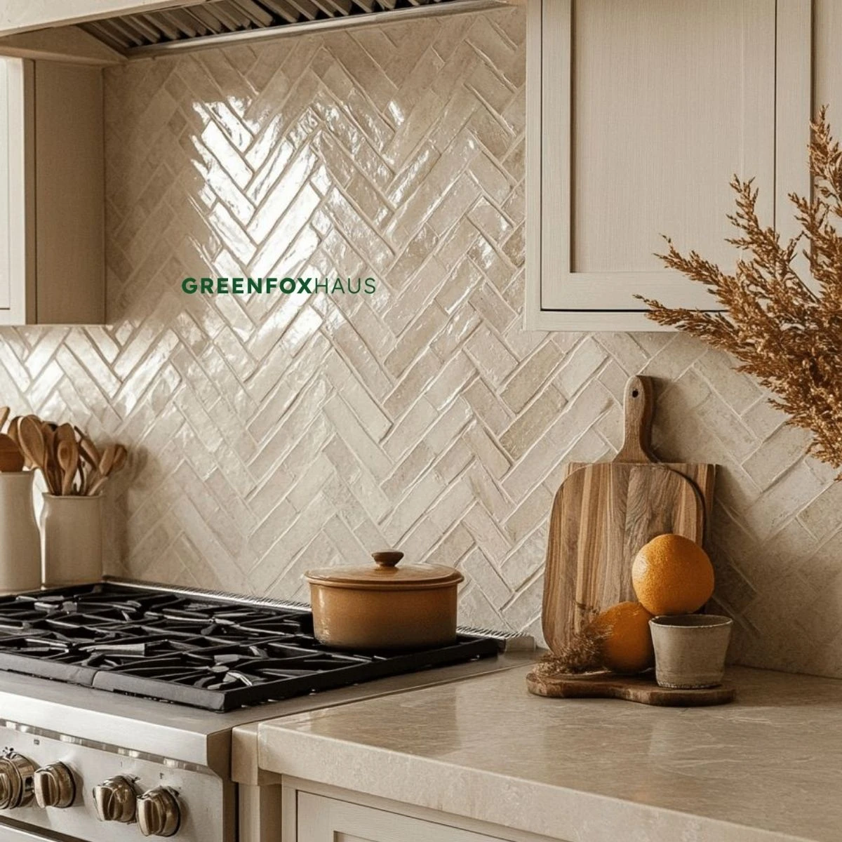 Gạch thẻ mosaic đá tự nhiên ốp tường bếp kiểu xương cá sang trọng và ấm cúng