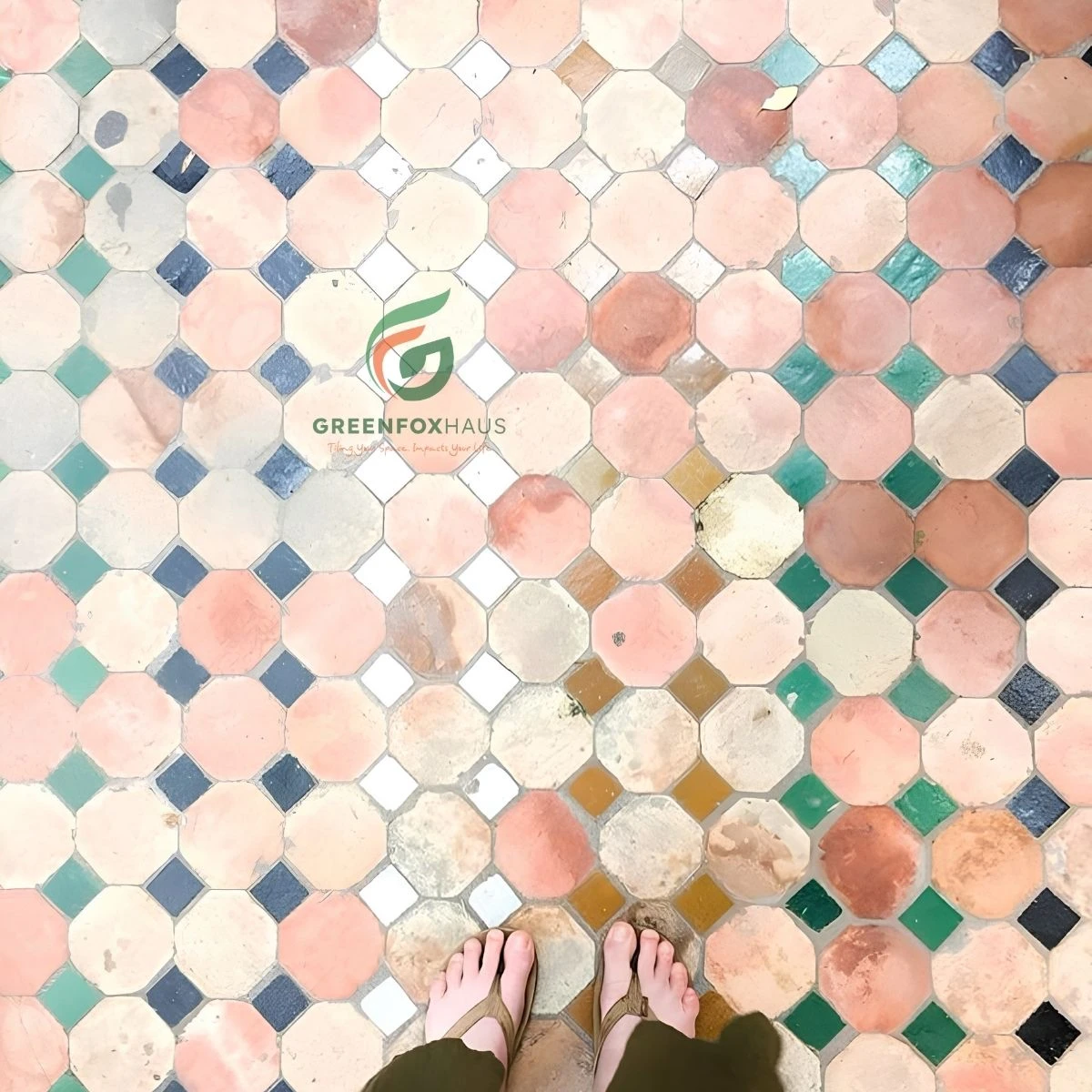 Gạch mosaic trang trí đá tự nhiên phối họa tiết hình học nghệ thuật cho không gian vintage