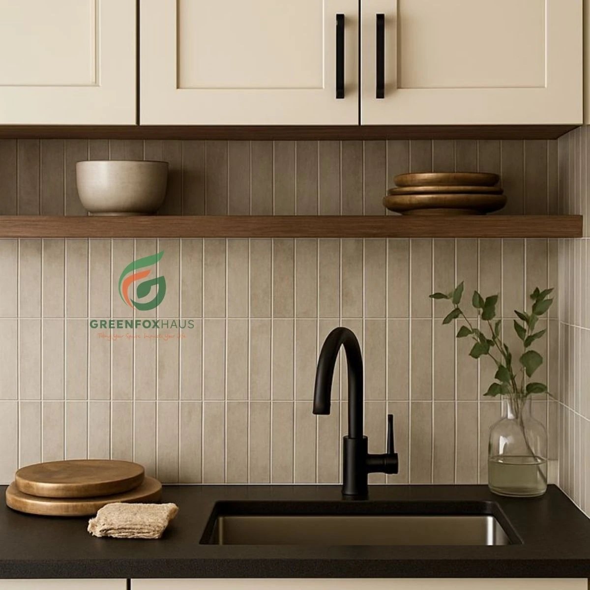 Gạch men mosaic đá tự nhiên tông beige ốp bếp phong cách tối giản hiện đại